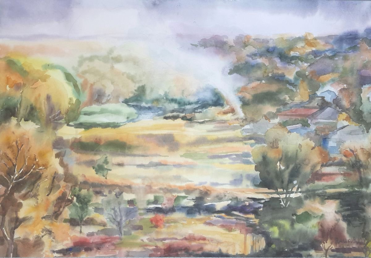 Impressionistic Landscape Watercolour By Yurii Pashkov, 31 X 21", Autumn, Original Artwork