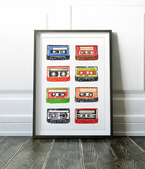 Linocut tapes #39 (cassette tapes, retro music, 70's, 80's rock culture)