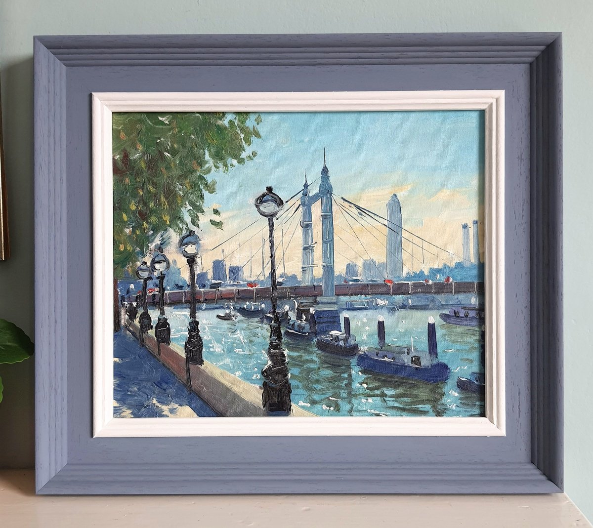 Impressionistic Landscape Oil Painting By Roberto Ponte, 16 X 14", London Albert Bridge, Original Artwork