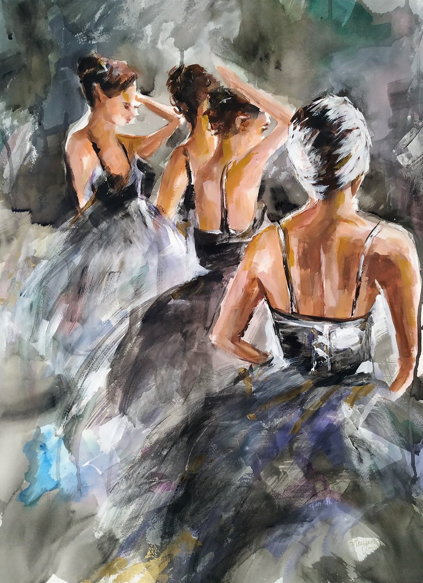 Backstage -Ballerina Painting on Paper by Antigoni Tziora