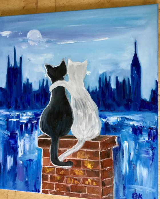 Cats in London. Mystic  night in foggy London, Parliament. Present idea