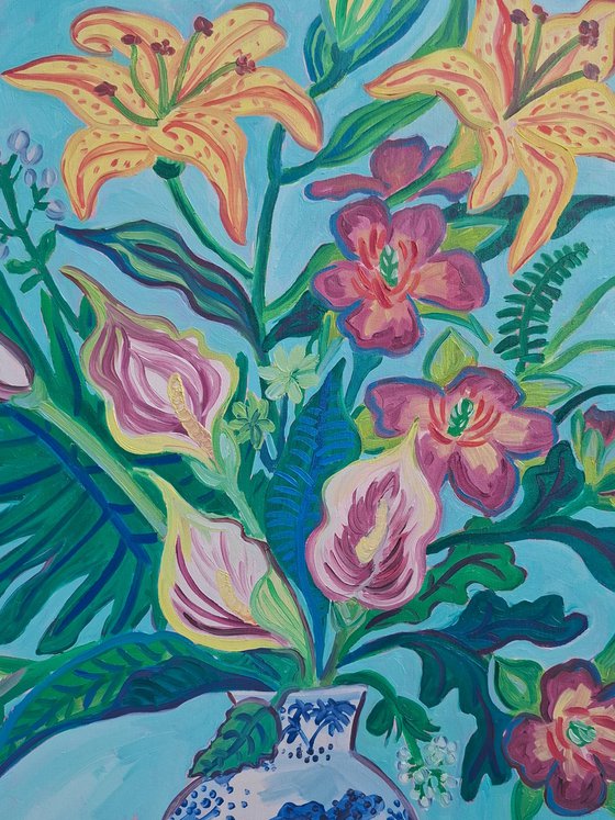 Tropical Bouquet in a Blue and White Vase