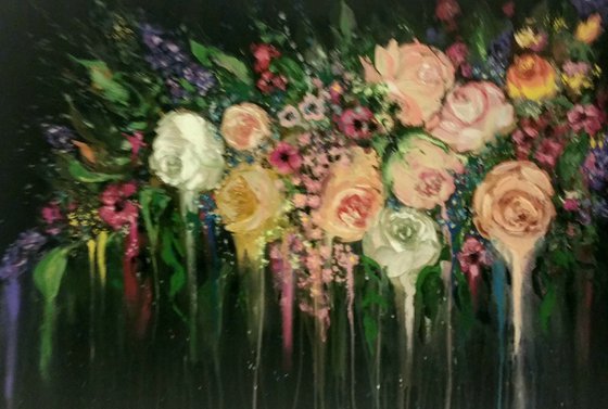 "Shabby chic Valentines flowers" Original acrylicl painting ,70x100x4cm.,ready to hang.