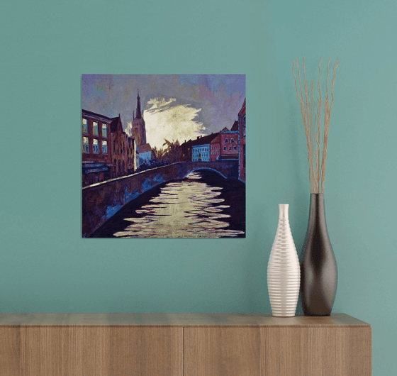 Bruges gold leaf oil painting on the wood, Brugge cityscape original wall art, Belgium Europe