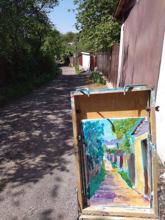 Sunny Street in the Village Plein Air Oil Painting