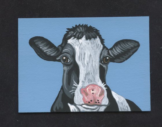 ACEO ATC Original Miniature Painting Black White Cow Farmyard Art-Carla Smale