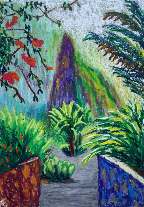 Landscape Original Painting, Green Mountain Oil Pastel Drawing, Spain Nature Artwork, Canary Islands Wall Art by Kate Grishakova