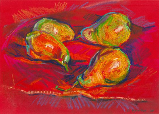 Pears on a red (pastel)