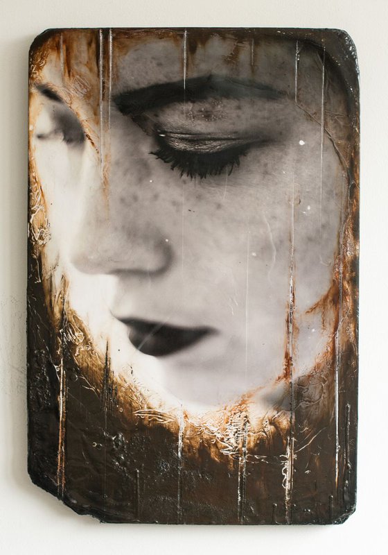 "Regrets" (60x40x3cm) - Unique portrait artwork on wood (abstract, portrait, gouache, original, painting, coffee, acrylic, oil, watercolor, encaustics, beeswax, resin, wood, fingerpaint)