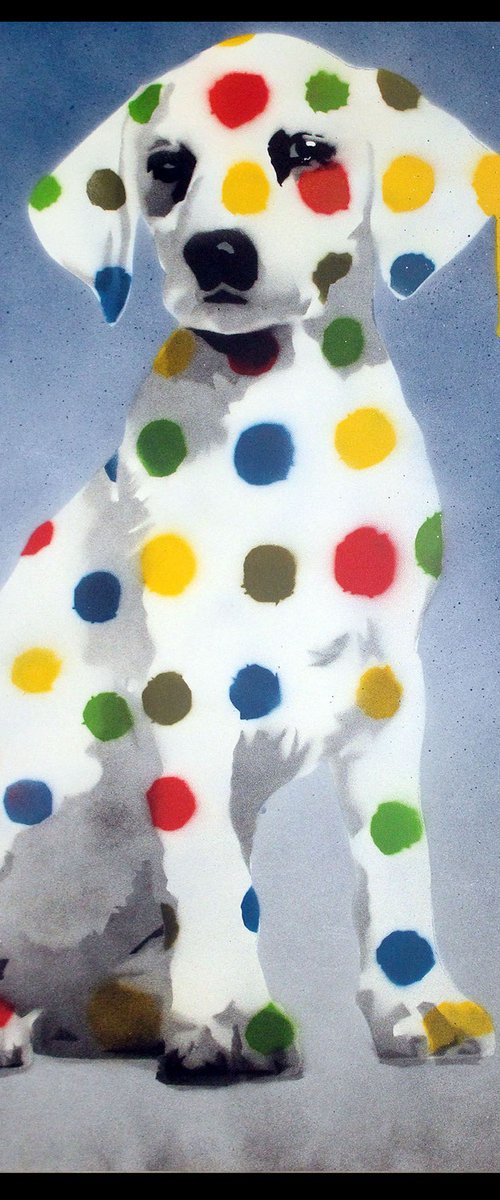 Damien's dotty, spotty, puppy dawg (blue on The Daily Telegraph) by Juan Sly