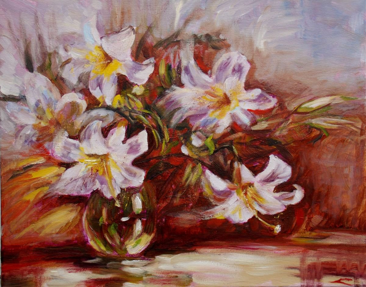 Impressionistic Botanical Oil Painting By Elena Sokolova, 20 X 16, Lilies In A Vase, Original Artwork