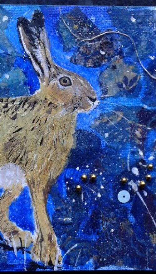 Hare poised under the moon by Fiona Plaisted