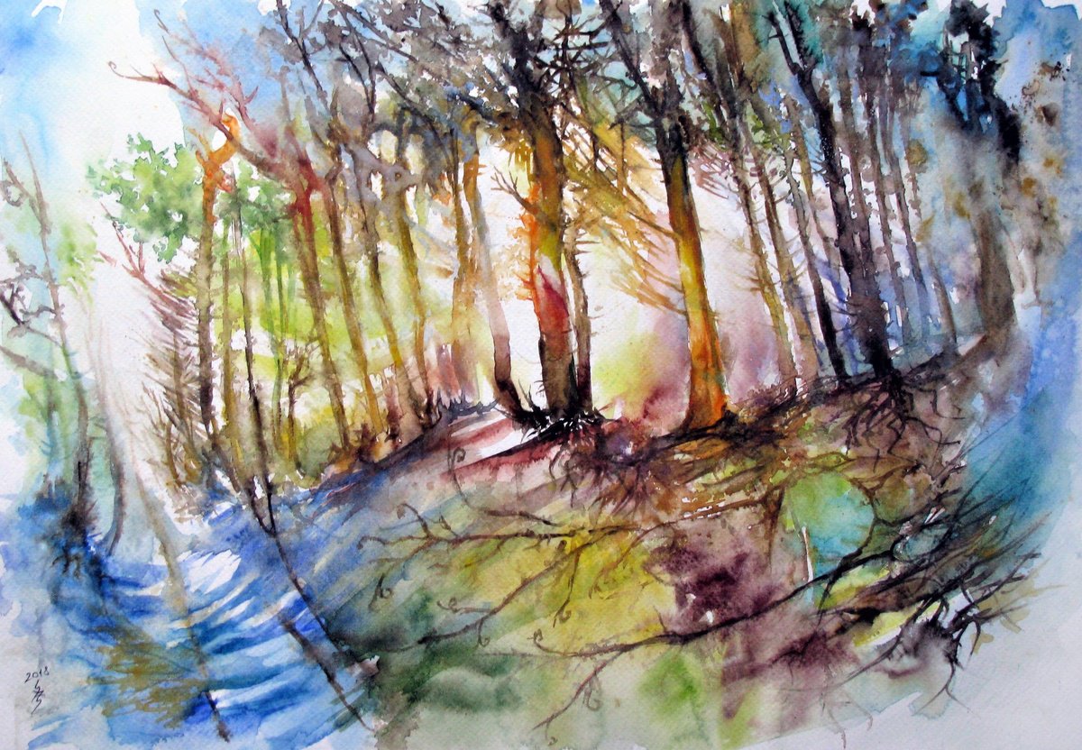 Impressionistic Landscape Watercolour By Szekelyhidi Zsolt, 19 X 13", Old Forest, Original Artwork