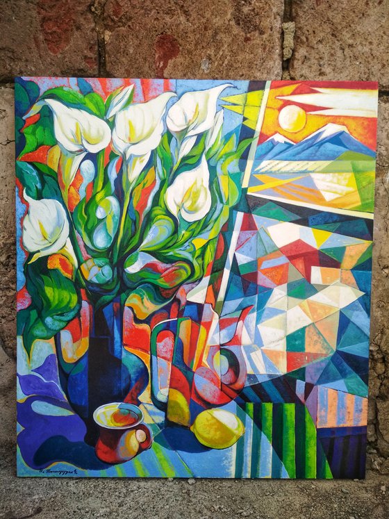 Still life with callas(80x90cm, cubism, oil painting, ready to hang)