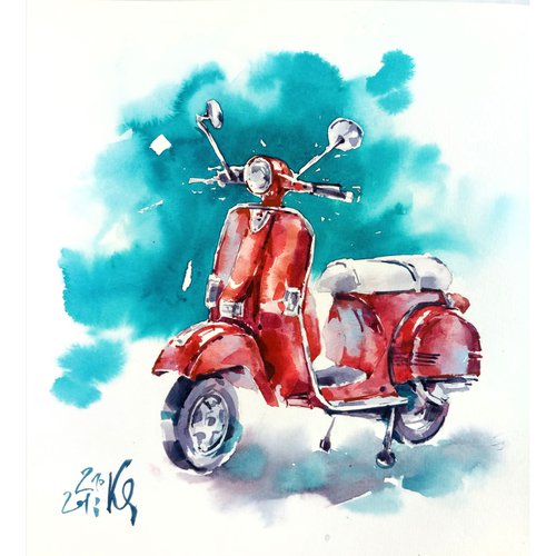 "Retro motorcycle" original watercolor artwork adventure road by Ksenia Selianko