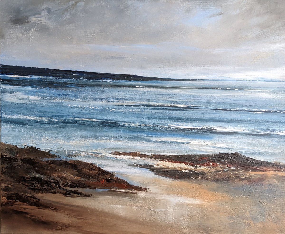 Impressionistic Landscape Oil Painting By Steve Keenan, 25 X 21", Cornish Cove Treyarnon, Original Artwork