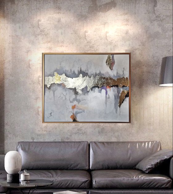 Foil painting on canvas, Framed gold painting, Texture painting, Metallic painting