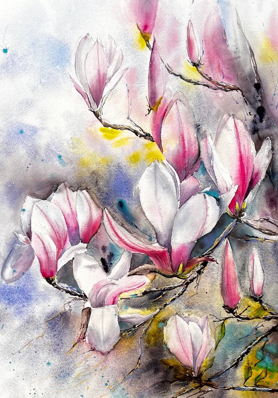 Magnolia Spring Flowers Watercolour Painting