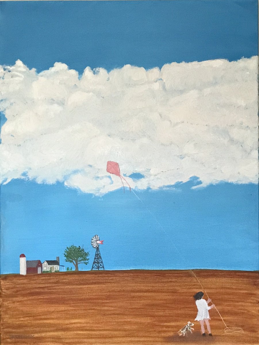 Impressionistic Landscape Oil Painting By Leslie Dannenberg, 18 X 24", Farm Xi Kite Flying, Original Artwork