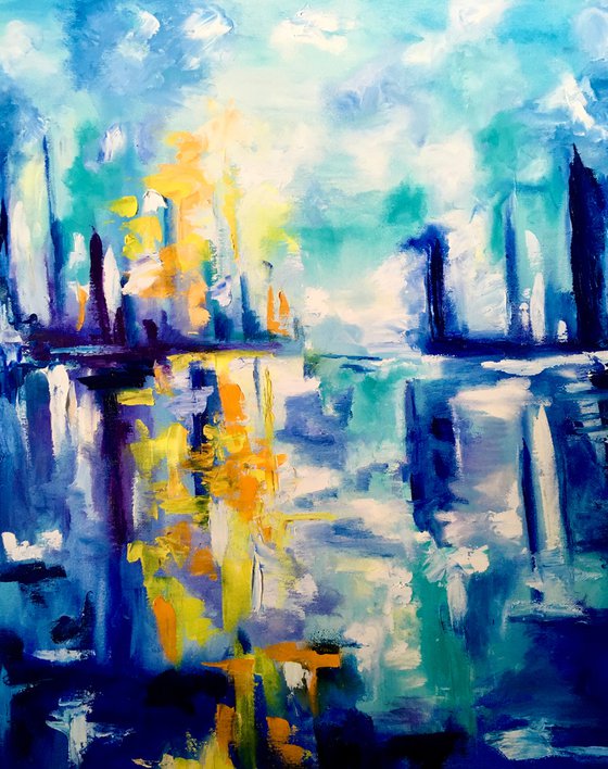 Abstract Blue Dream city, variations of blue colours: ultramarine, navy blue, turquoise, sky blue, cobalt, palette knife original artwork.