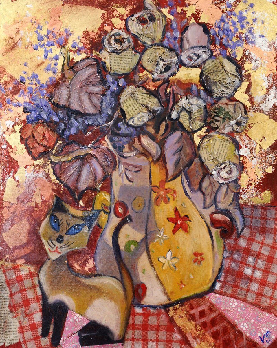 Expressive Painting , Stilllife With Cat And Flowers By Vera Stein, 16 X 20, Artwork For Sale On Artfinder