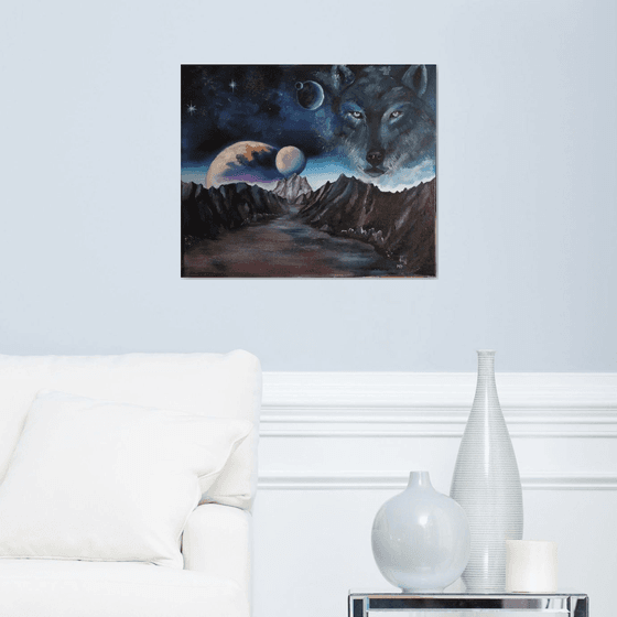 Sky wolf, original surreal planet, animal painting, gift idea, bedroom painting