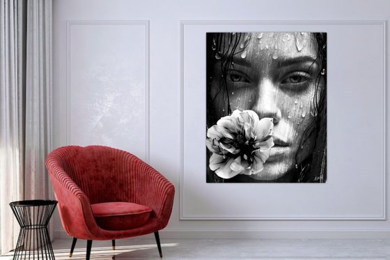 Girl with Flower in the Rain