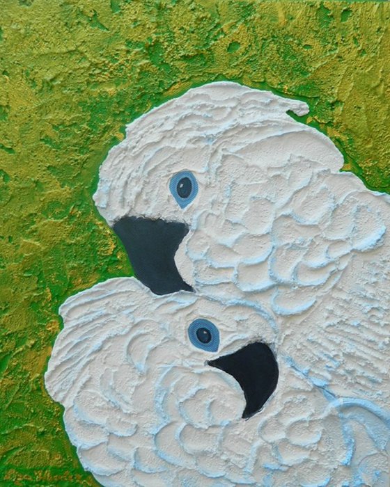 Serenity - Original, unique, impressionist figurative, white love birds, impasto painting