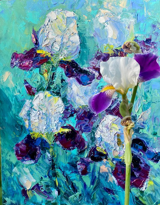 Iris - A pleasure of light, 35*45cm, impressionistic flowers oil painting in violet and turquoise