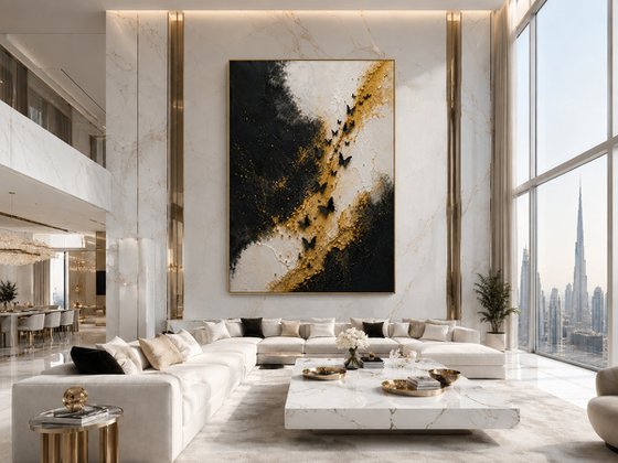 Black Butterflies over Abstract Gold