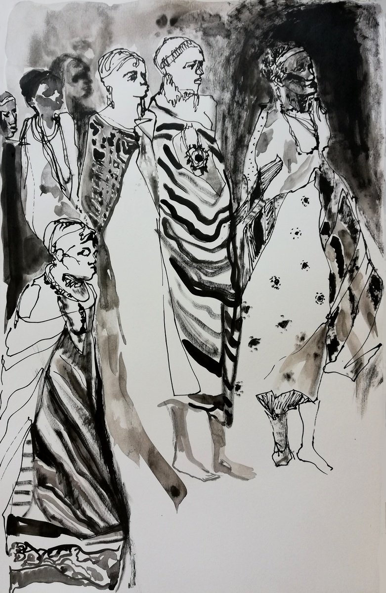 Impressionistic Portrait Ink Drawing By Jelena Djokic, 14 X 22, Africa, Original Artwork