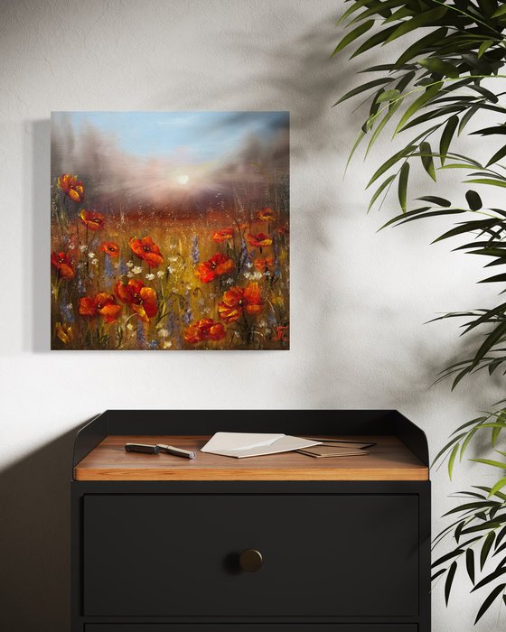 Sunset with red poppies