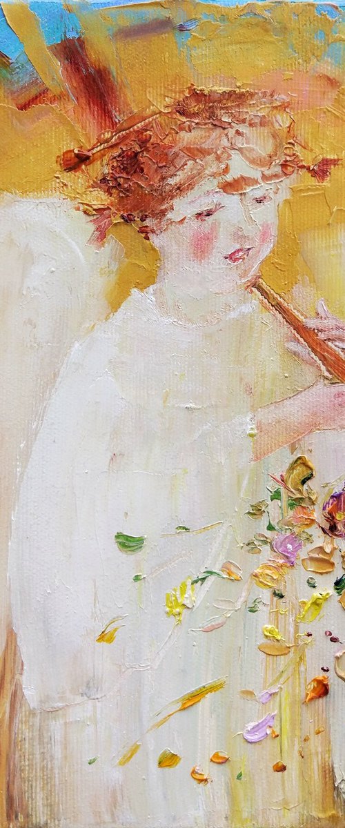 Christmas angel with fife | Christmas little series | Original oil painting by Helen Shukina