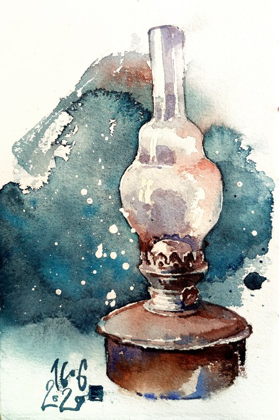 Antique lamp original watercolor artwork