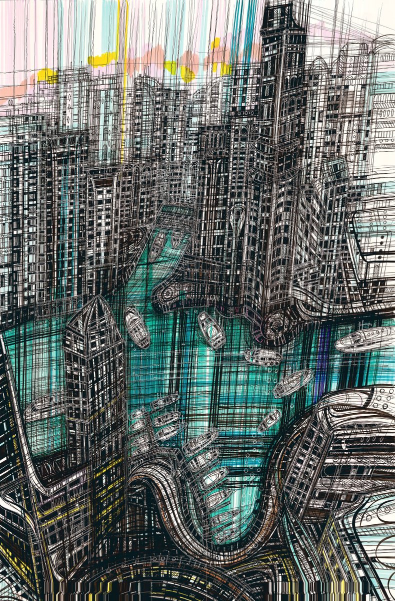 Impressionistic Cityscapes Drawing By Maria Susarenko, 30 X 43", Dubai, Original Artwork