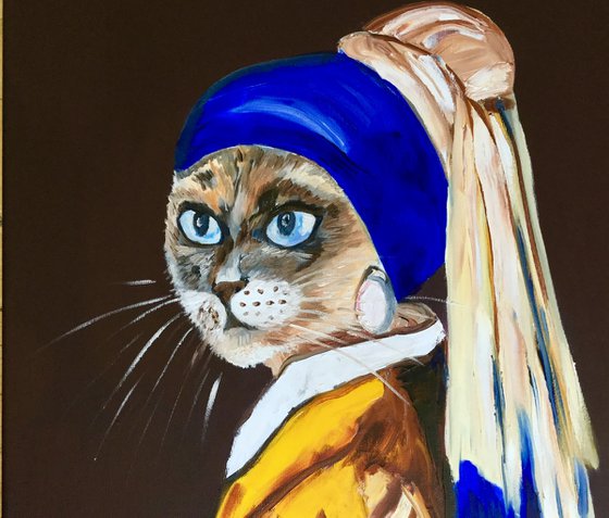 Siamese Cat with the pearl earring. Feline art. Blue eyes. Gift idea for cat lovers