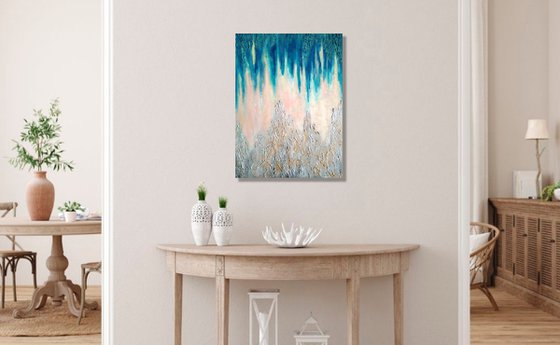 Northern Lights, Abstract Original Painting Blue Gold White 45x60 cm ready to hang