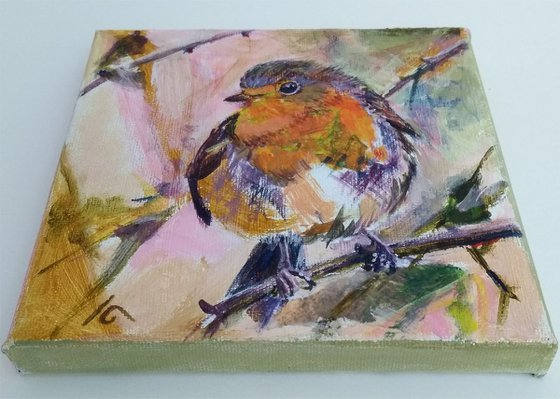 Robin painting, Bird painting on canvas, original mixed media painting, mini canvas