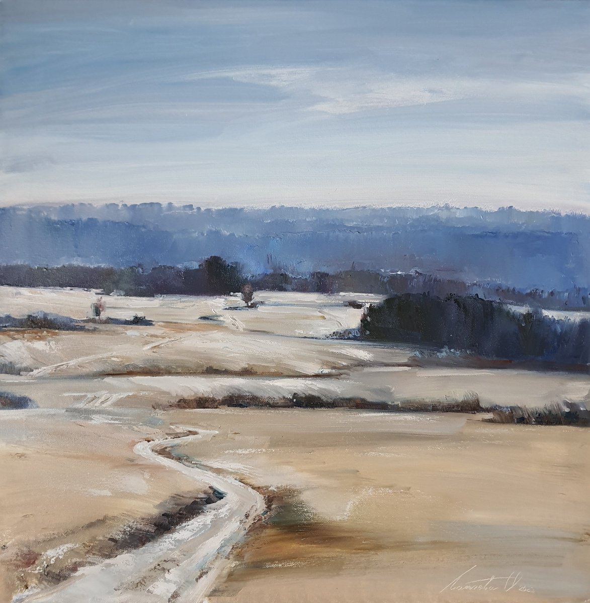 Impressionistic Landscape Oil Painting By Olha Laptieva, 23 X 23", Winter Spaces, Original Artwork