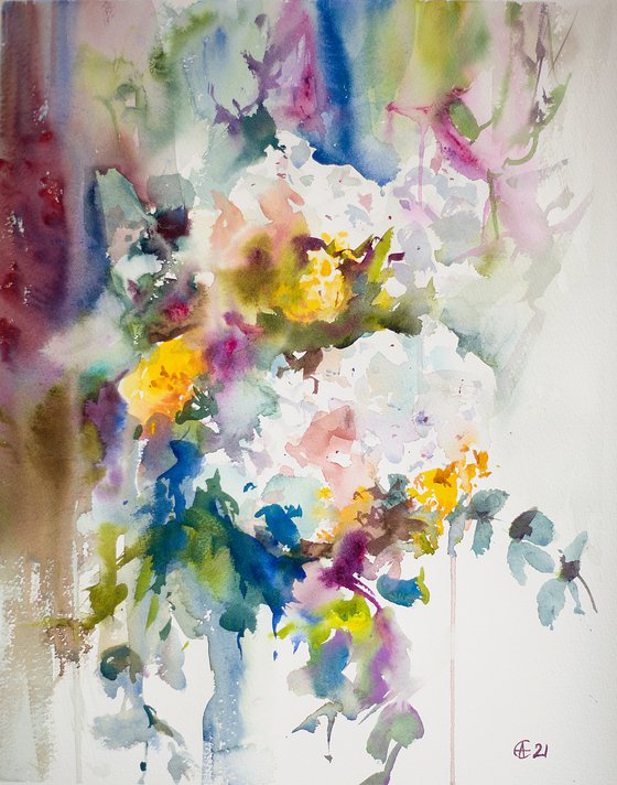 White hydragenias. Abstract Watercolor. Small original flowers botanical impressionistic decor detail spring summer inspiration