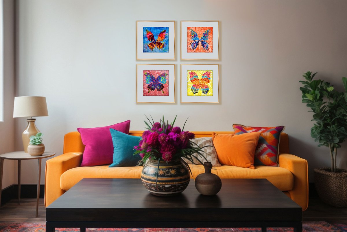 Set Of 4 «Bright Accent» By Mariia Raskin, 20 X 20, Artwork For Sale On Artfinder
