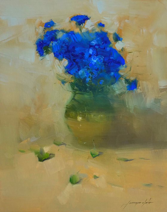 Vase of Blue Flowers, Oil painting, One of a kind, Handmade artwork