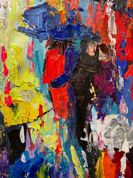 Bright umbrellas. Lady in pink