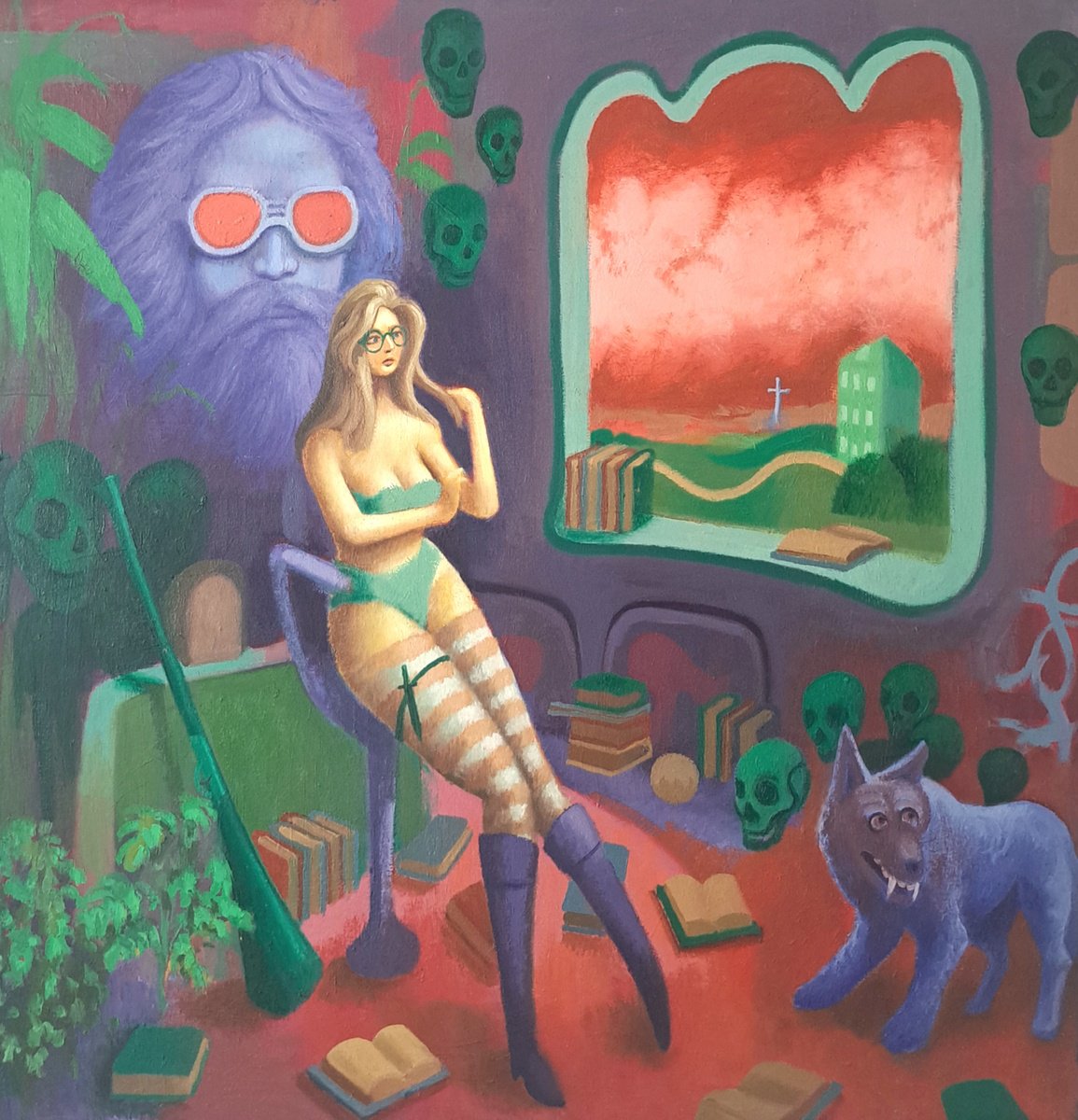 Surrealistic Portrait Oil Painting By Taco Eisma, 31 X 31", Sandra The Bookworm, Original Artwork