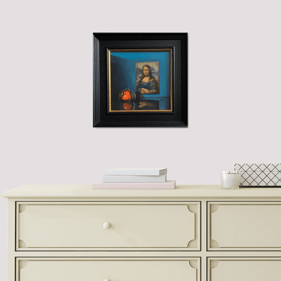 Mona Lisa & Orange Still Life original oil realism painting, with wooden frame.