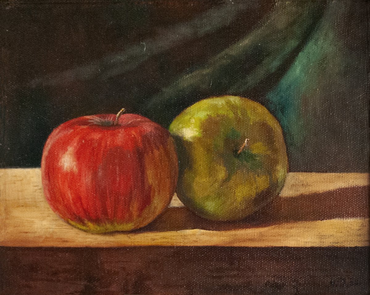 Photorealistic Still Life Oil Painting By Nikola Ivanovic, 13 X 12", A Pair Of Apples, Original Artwork