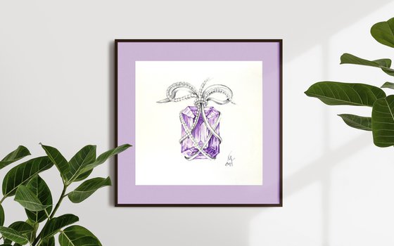 Jewelry watercolor sketch "Necklace with faceted amethyst stone"