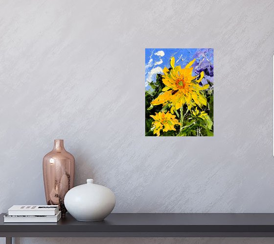 Sunflower Painting Floral Original Art Flower Small Oil Impasto Palette Knife Artwork 8 by 10 inches