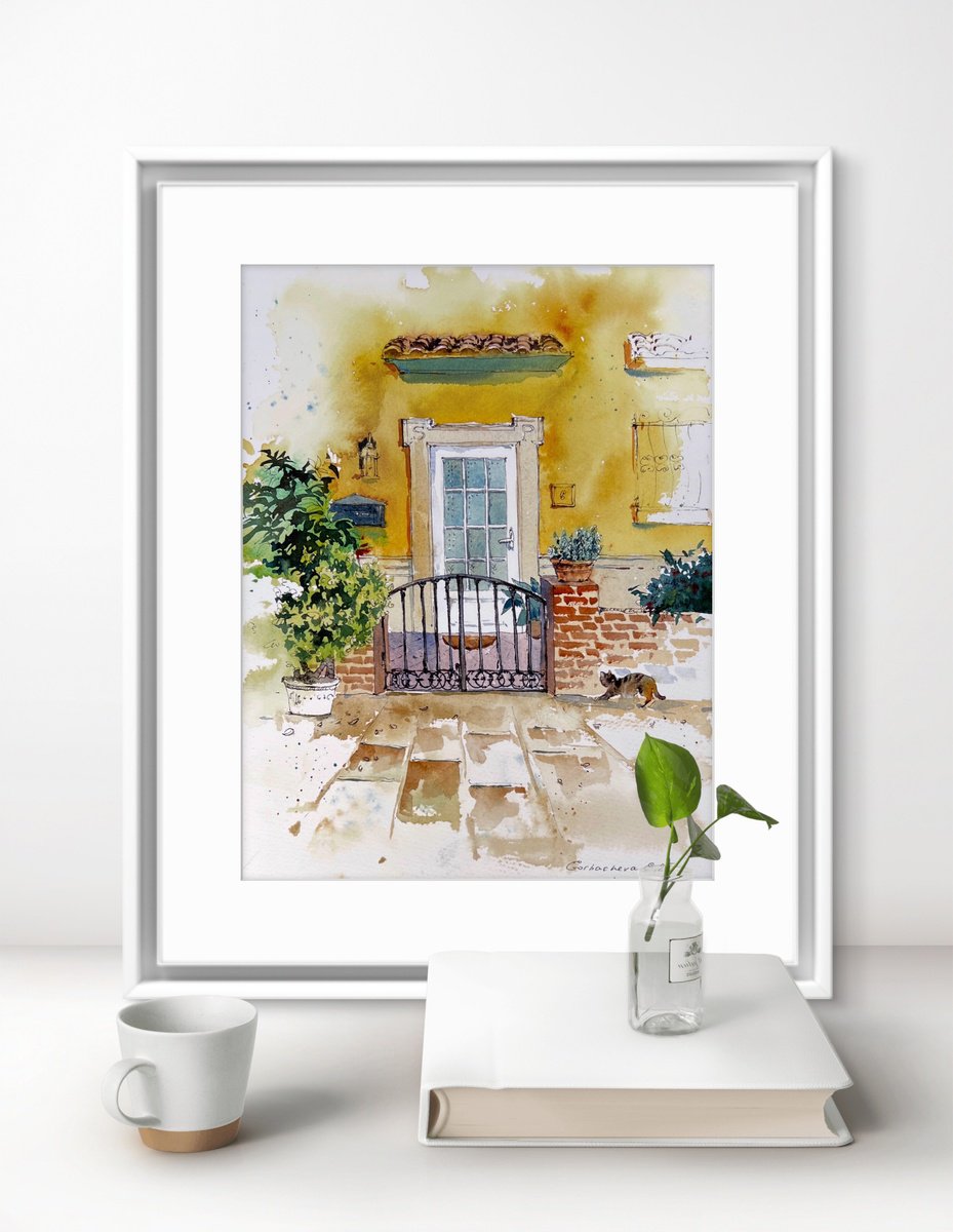 Impressionistic Cityscapes Watercolour By Eugenia Gorbacheva, 9 X 12, Spanish Courtyard With Cat, Original Artwork