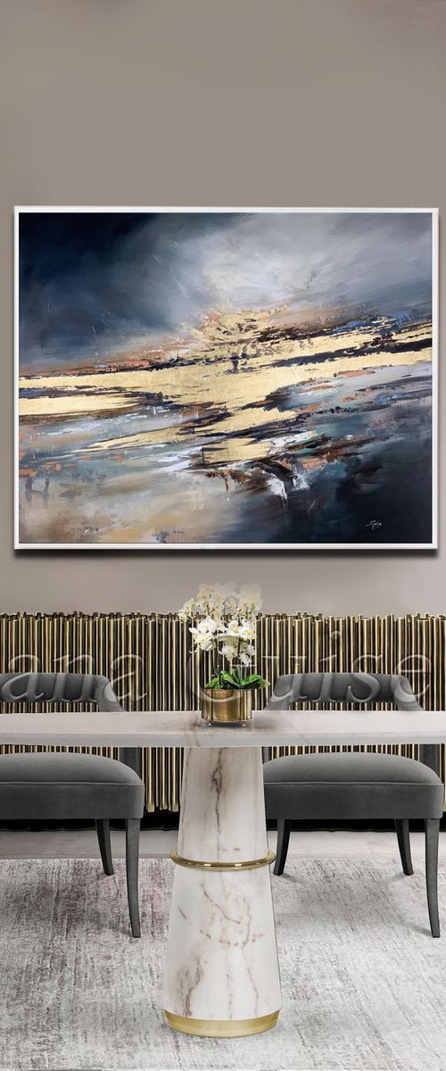 Gold Blue Navy Abstract Painting 40" Sky Abstract, Large Canvas, Gold Leaf, Minimalist Painting, Modern Painting by Lana Guise